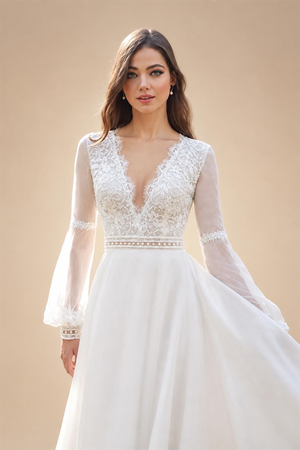 V Neck Lace Tulle Long Boho Beach Wedding Dress For Women