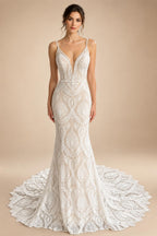 Champagne Lace Mermaid Wedding Dress With Spaghetti Straps