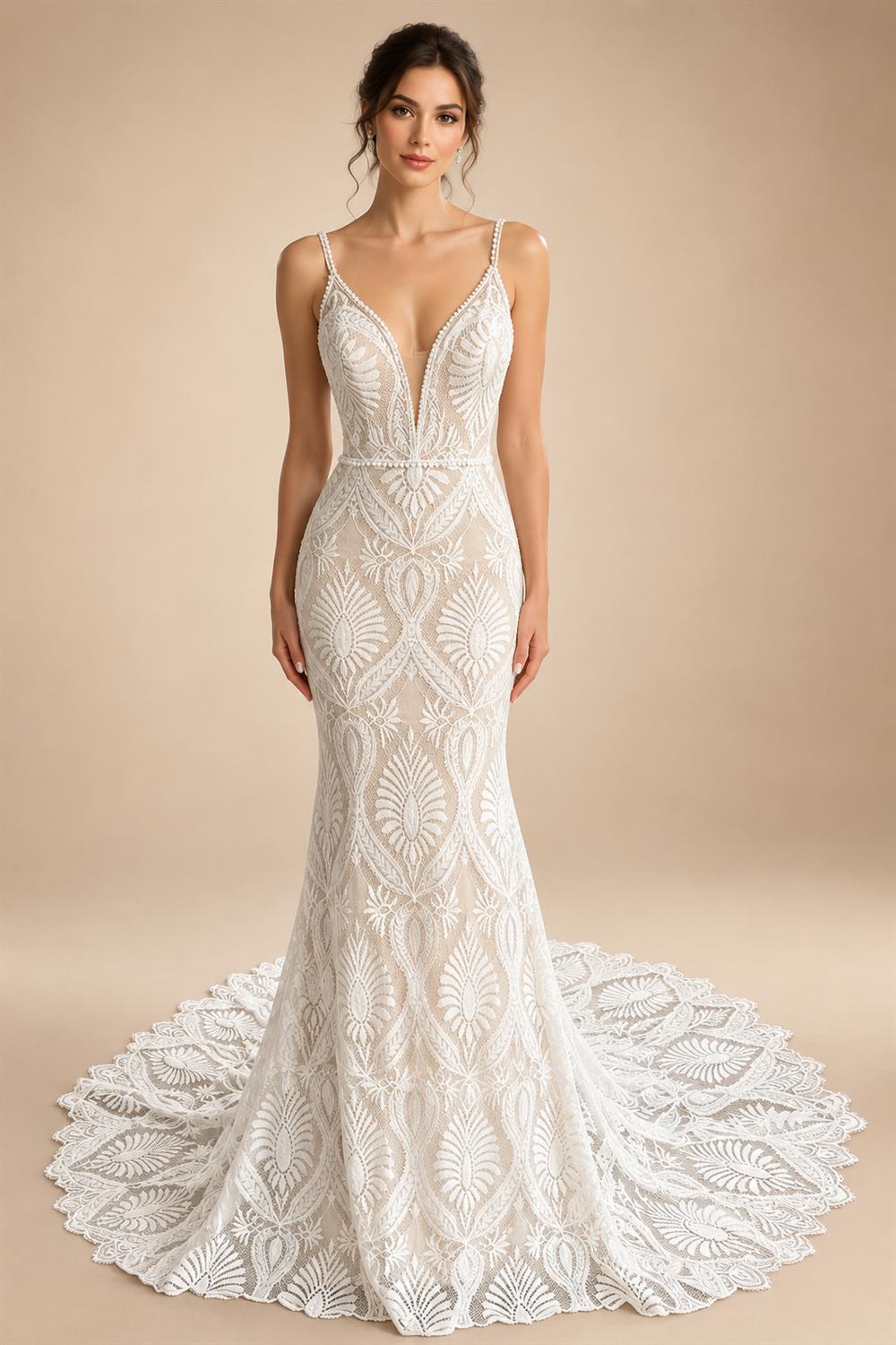Champagne Lace Mermaid Wedding Dress With Spaghetti Straps