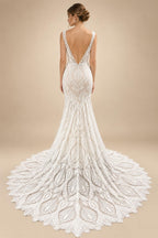 Champagne Lace Mermaid Wedding Dress With Spaghetti Straps