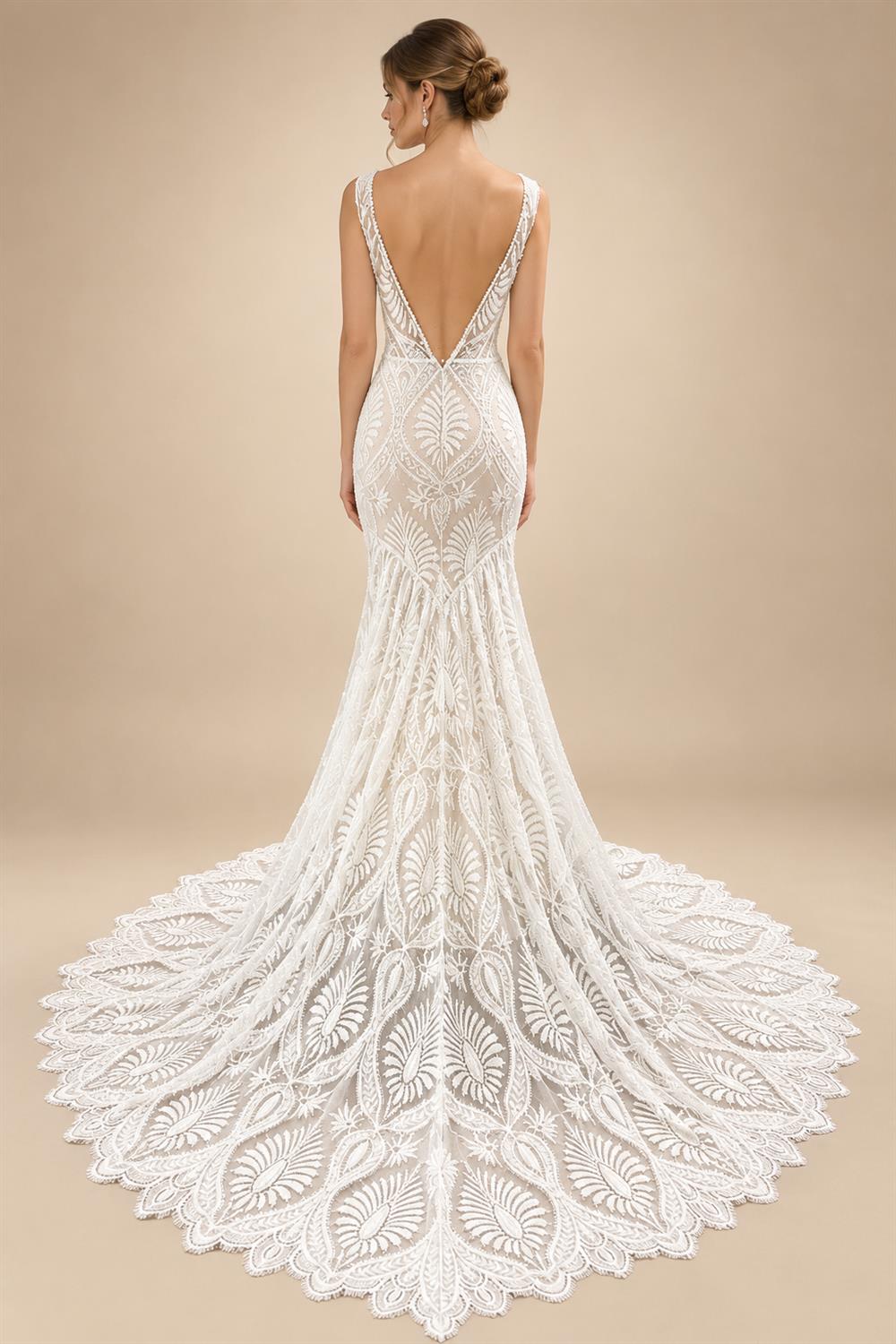 Champagne Lace Mermaid Wedding Dress With Spaghetti Straps