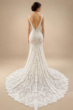 Champagne Lace Mermaid Wedding Dress With Spaghetti Straps