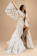 Bohemian Wedding Dress Split V-Neck Customized Bell Sleeve Backless A-line Chiffon Lace Bridal Wedding Dress