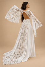 Bohemian Wedding Dress Split V-Neck Customized Bell Sleeve Backless A-line Chiffon Lace Bridal Wedding Dress