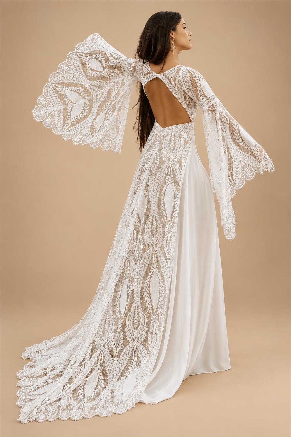 Bohemian Wedding Dress Split V-Neck Customized Bell Sleeve Backless A-line Chiffon Lace Bridal Wedding Dress