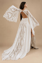 Bohemian Wedding Dress Split V-Neck Customized Bell Sleeve Backless A-line Chiffon Lace Bridal Wedding Dress