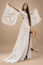 Bohemian Wedding Dress Split V-Neck Customized Bell Sleeve Backless A-line Chiffon Lace Bridal Wedding Dress