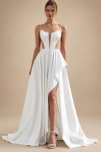Modern Wedding Dress Spaghetti Straps High Slit Sweep Train Satin Bridal Gown for Bride Customized