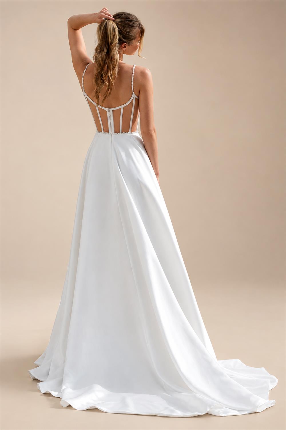Modern Wedding Dress Spaghetti Straps High Slit Sweep Train Satin Bridal Gown for Bride Customized