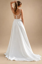 Modern Wedding Dress Spaghetti Straps High Slit Sweep Train Satin Bridal Gown for Bride Customized