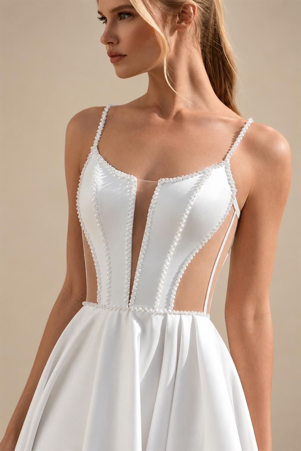 Modern Wedding Dress Spaghetti Straps High Slit Sweep Train Satin Bridal Gown for Bride Customized