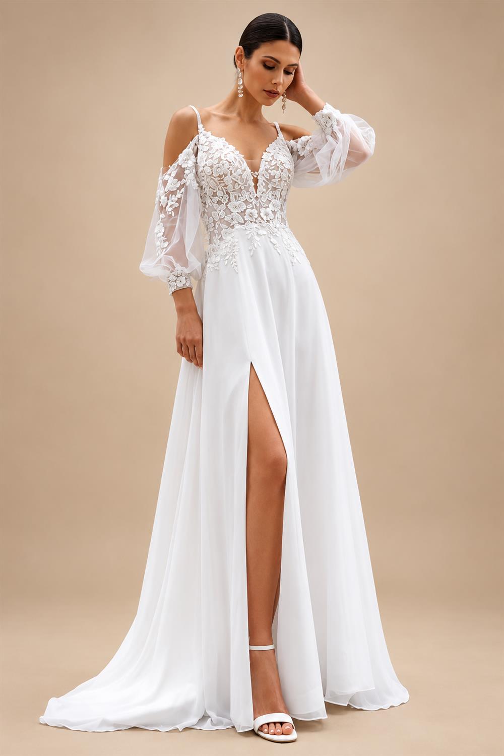 Puffy Long Sleeve Boho Beach Wedding Dresses 2026 Off Shoulder Lace Chiffon V Neck Bridal Gown Customized