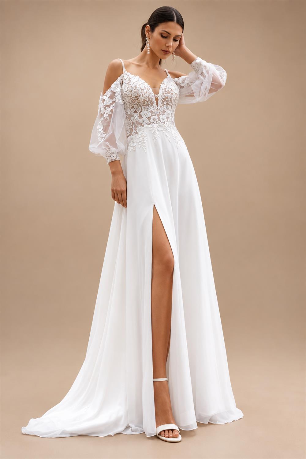 Puffy Long Sleeve Boho Beach Wedding Dresses 2026 Off Shoulder Lace Chiffon V Neck Bridal Gown Customized