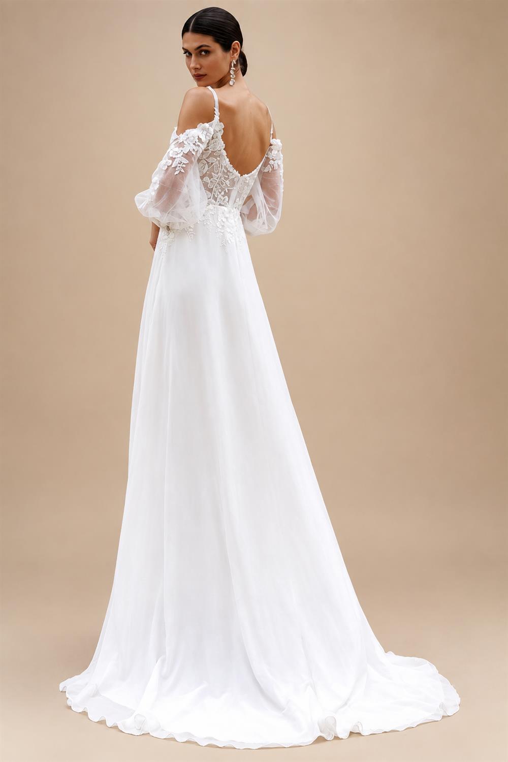 Puffy Long Sleeve Boho Beach Wedding Dresses 2026 Off Shoulder Lace Chiffon V Neck Bridal Gown Customized