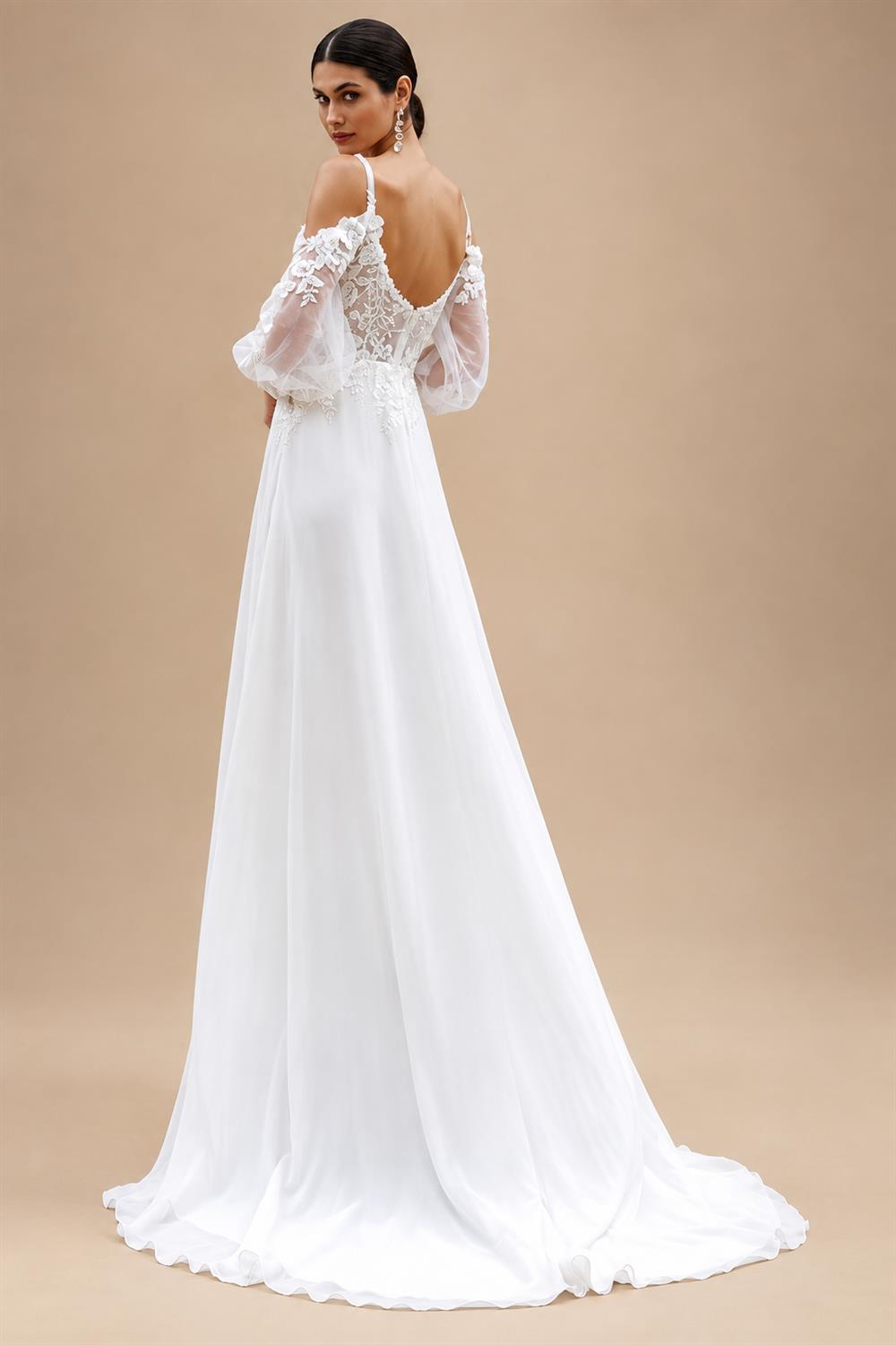 Puffy Long Sleeve Boho Beach Wedding Dresses 2026 Off Shoulder Lace Chiffon V Neck Bridal Gown Customized
