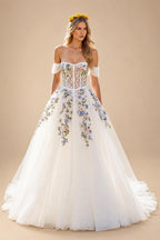 Embroidery Flowers Floral Off The Shoulder Ivory A Line Wedding Dress Strapless Gowns Customized Vestidos de fiesta
