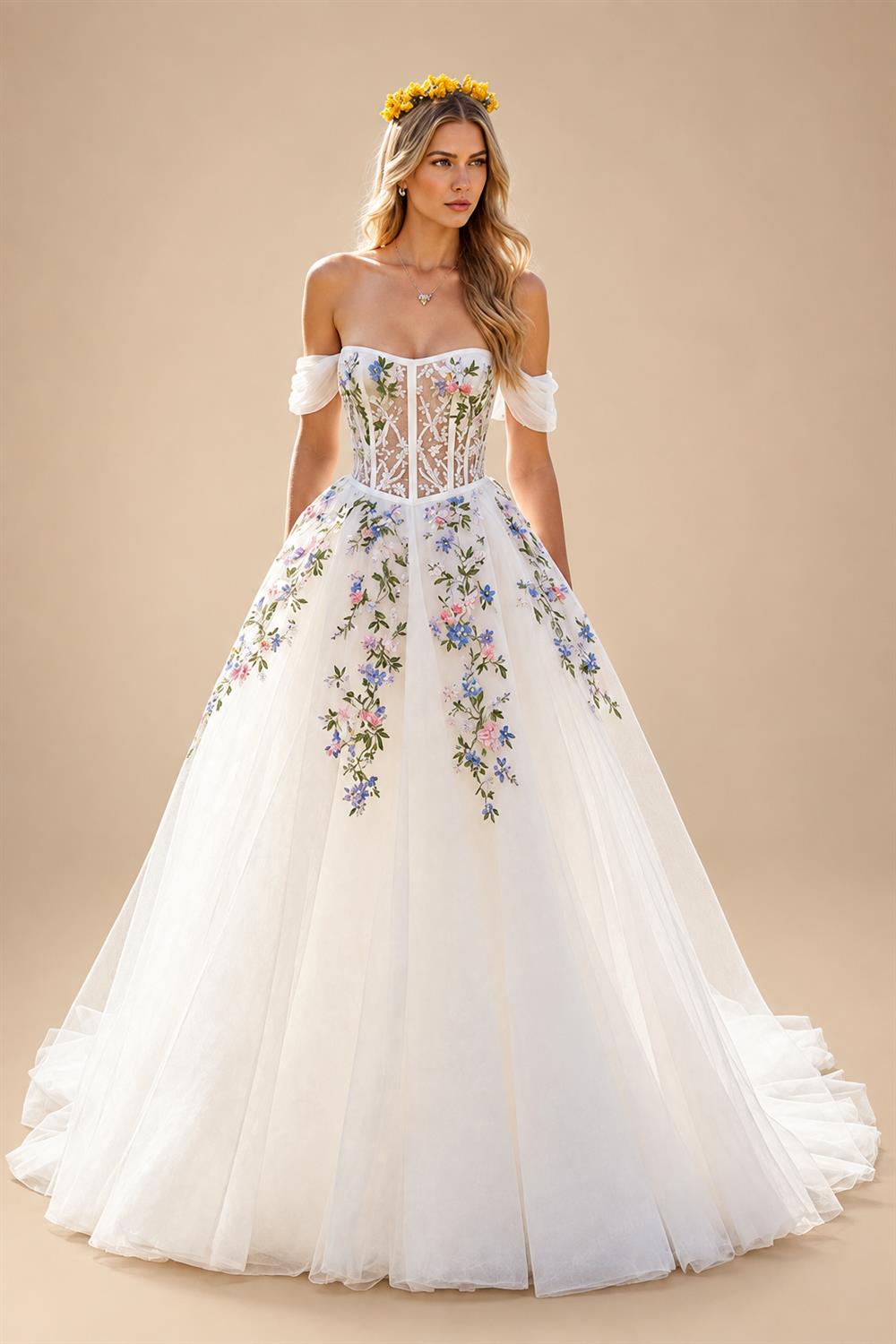 Embroidery Flowers Floral Off The Shoulder Ivory A Line Wedding Dress Strapless Gowns Customized Vestidos de fiesta
