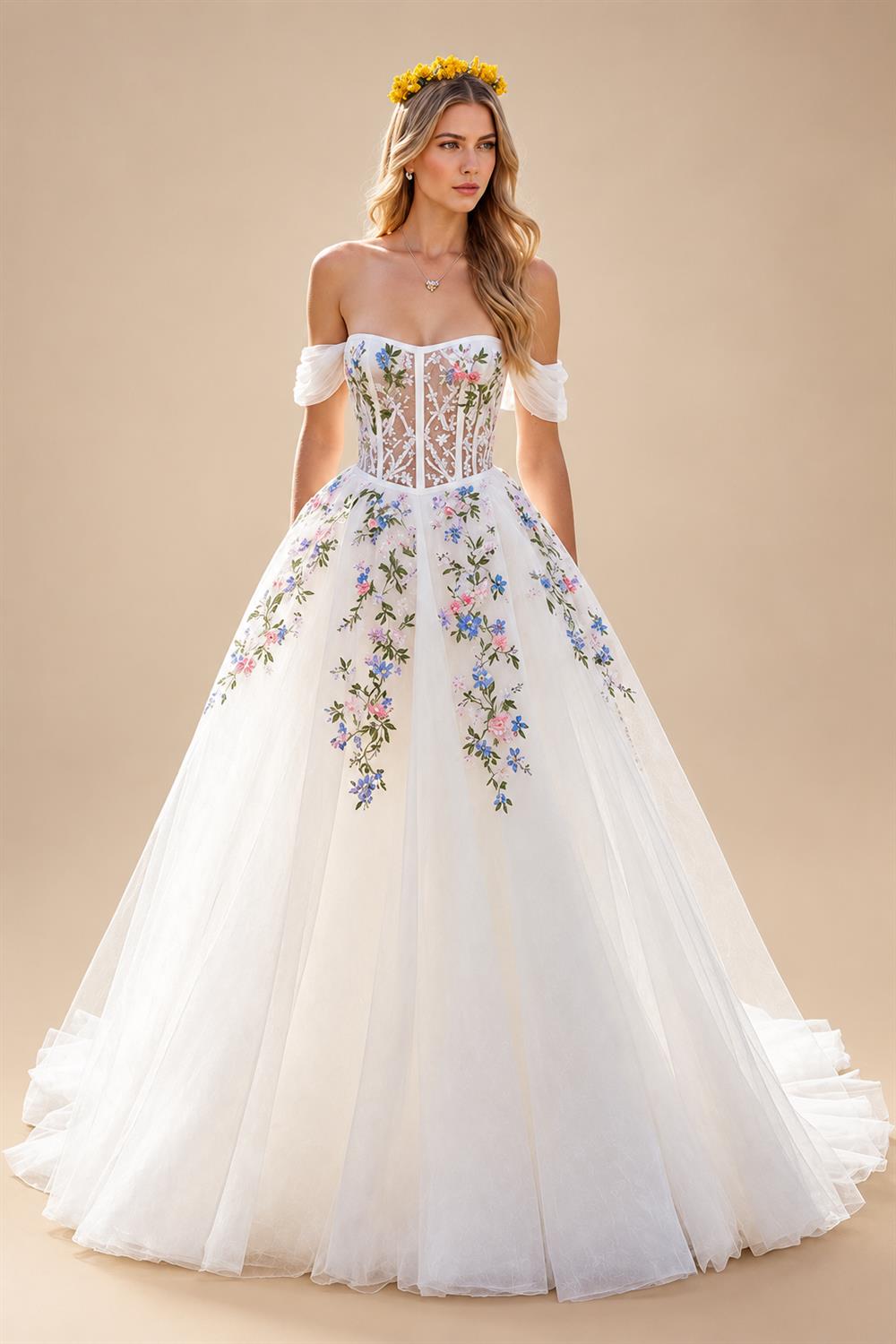 Embroidery Flowers Floral Off The Shoulder Ivory A Line Wedding Dress Strapless Gowns Customized Vestidos de fiesta