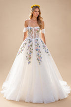 Embroidery Flowers Floral Off The Shoulder Ivory A Line Wedding Dress Strapless Gowns Customized Vestidos de fiesta