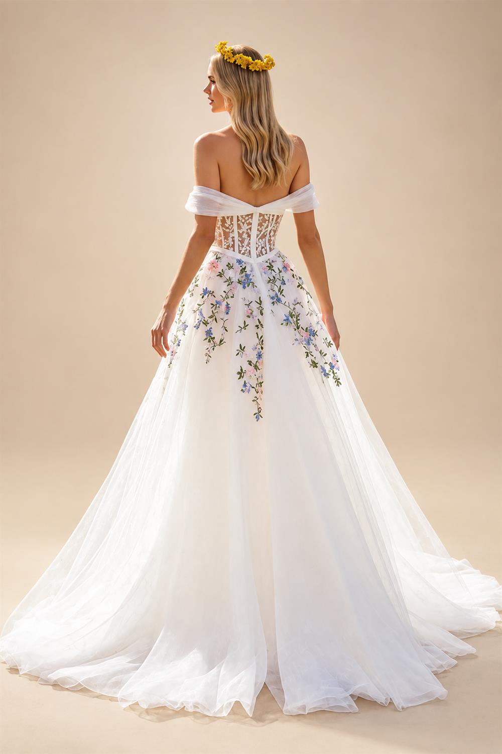 Embroidery Flowers Floral Off The Shoulder Ivory A Line Wedding Dress Strapless Gowns Customized Vestidos de fiesta