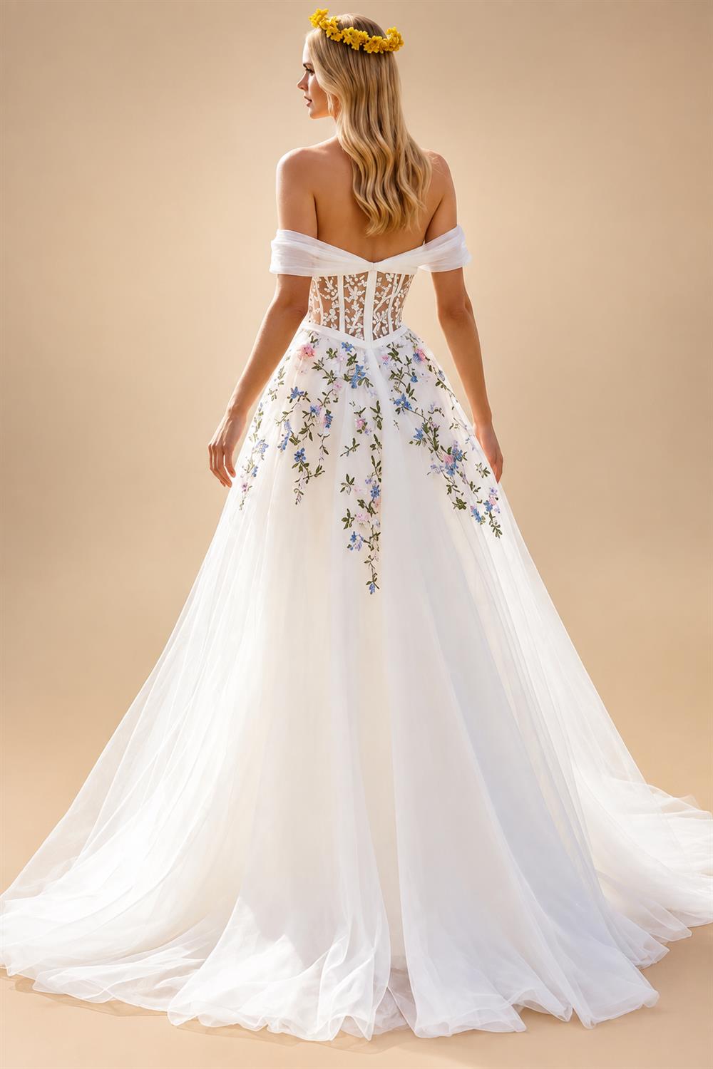 Embroidery Flowers Floral Off The Shoulder Ivory A Line Wedding Dress Strapless Gowns Customized Vestidos de fiesta