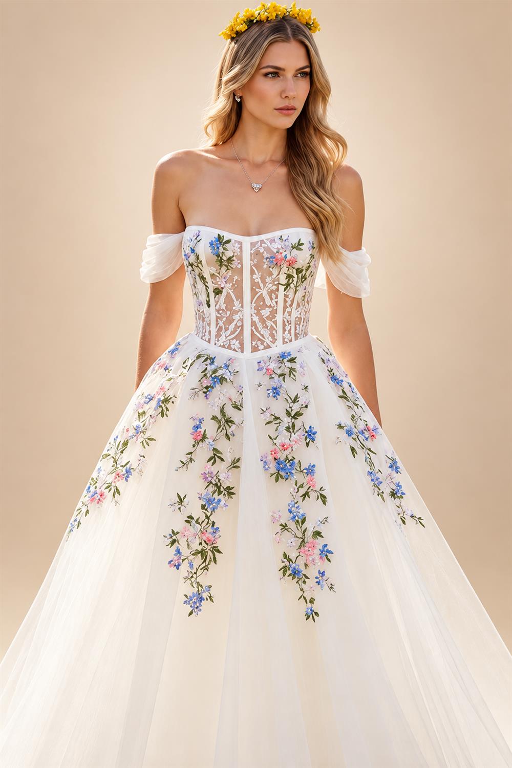 Embroidery Flowers Floral Off The Shoulder Ivory A Line Wedding Dress Strapless Gowns Customized Vestidos de fiesta