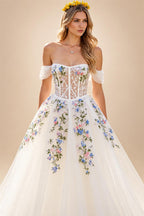 Embroidery Flowers Floral Off The Shoulder Ivory A Line Wedding Dress Strapless Gowns Customized Vestidos de fiesta
