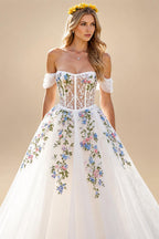 Embroidery Flowers Floral Off The Shoulder Ivory A Line Wedding Dress Strapless Gowns Customized Vestidos de fiesta