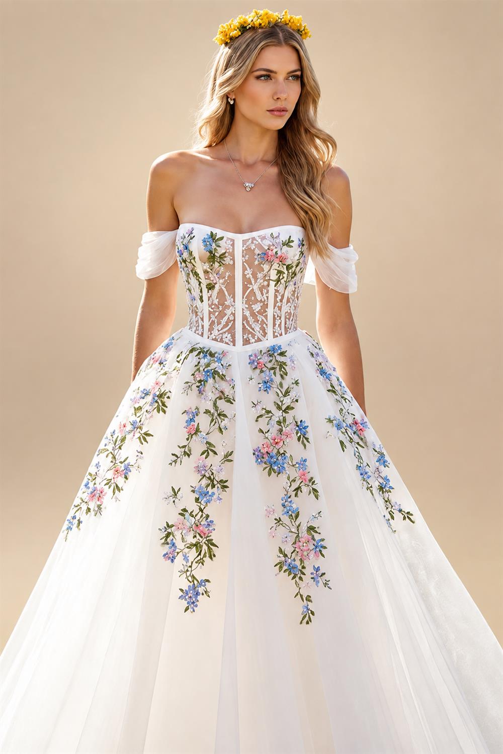 Embroidery Flowers Floral Off The Shoulder Ivory A Line Wedding Dress Strapless Gowns Customized Vestidos de fiesta