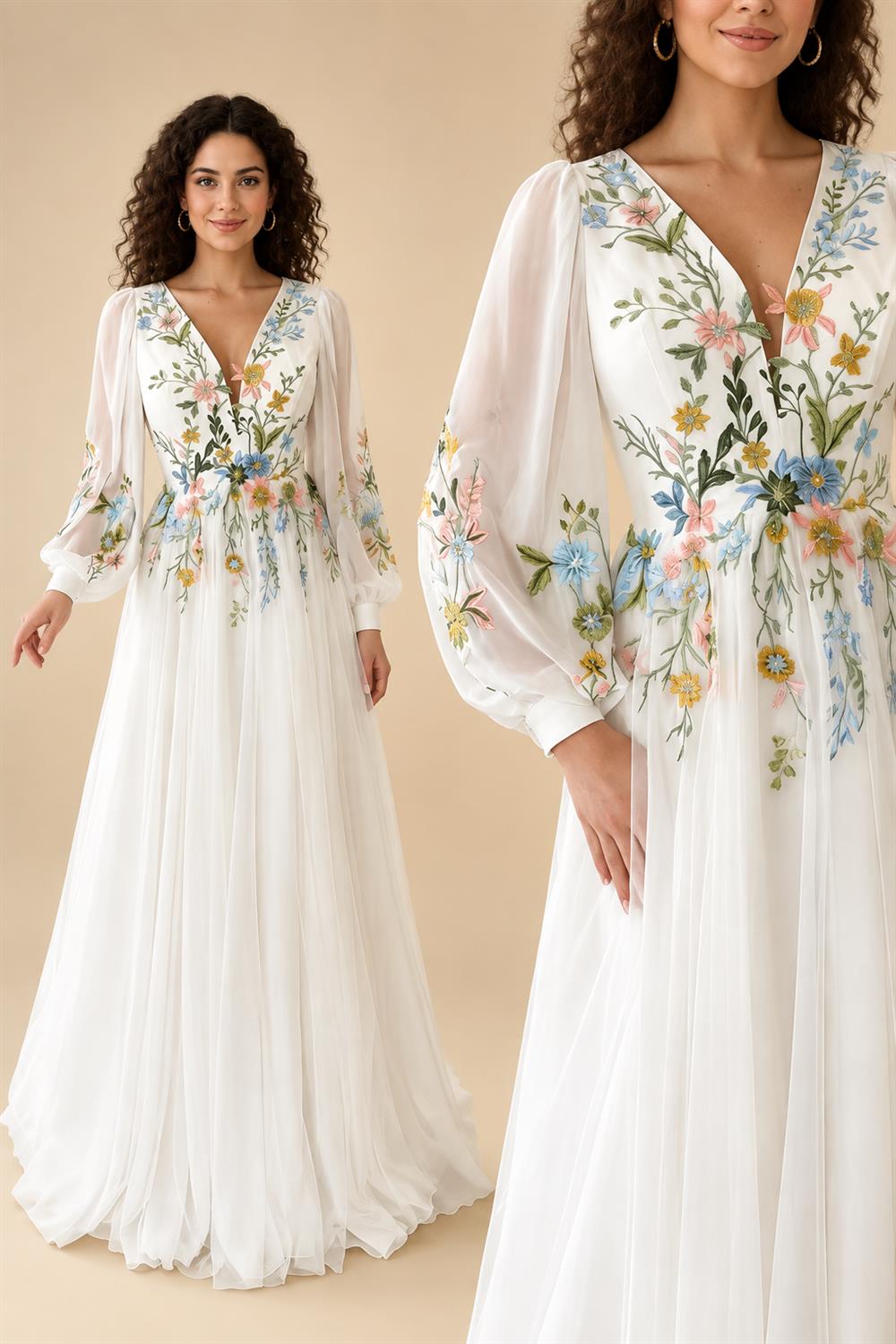 Fairy Boho Wedding Dresses Colorful Lace Embroidery Bride Dress Puff Long Sleeve Wedding Gowns V Neck Customized