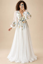 Fairy Boho Wedding Dresses Colorful Lace Embroidery Bride Dress Puff Long Sleeve Wedding Gowns V Neck Customized