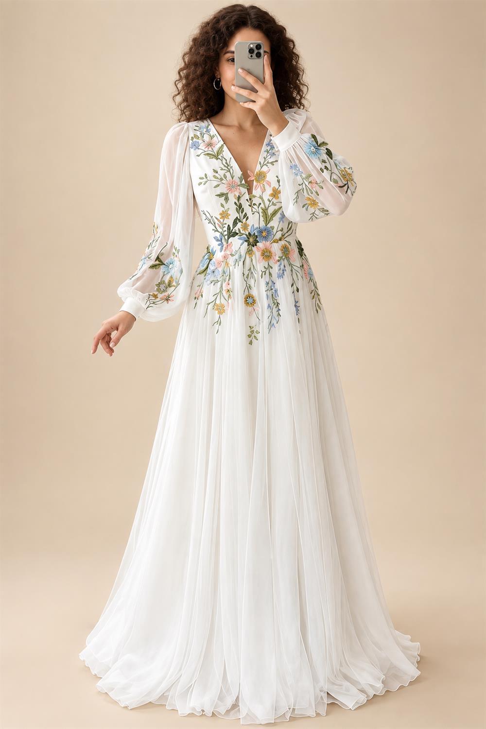 Fairy Boho Wedding Dresses Colorful Lace Embroidery Bride Dress Puff Long Sleeve Wedding Gowns V Neck Customized