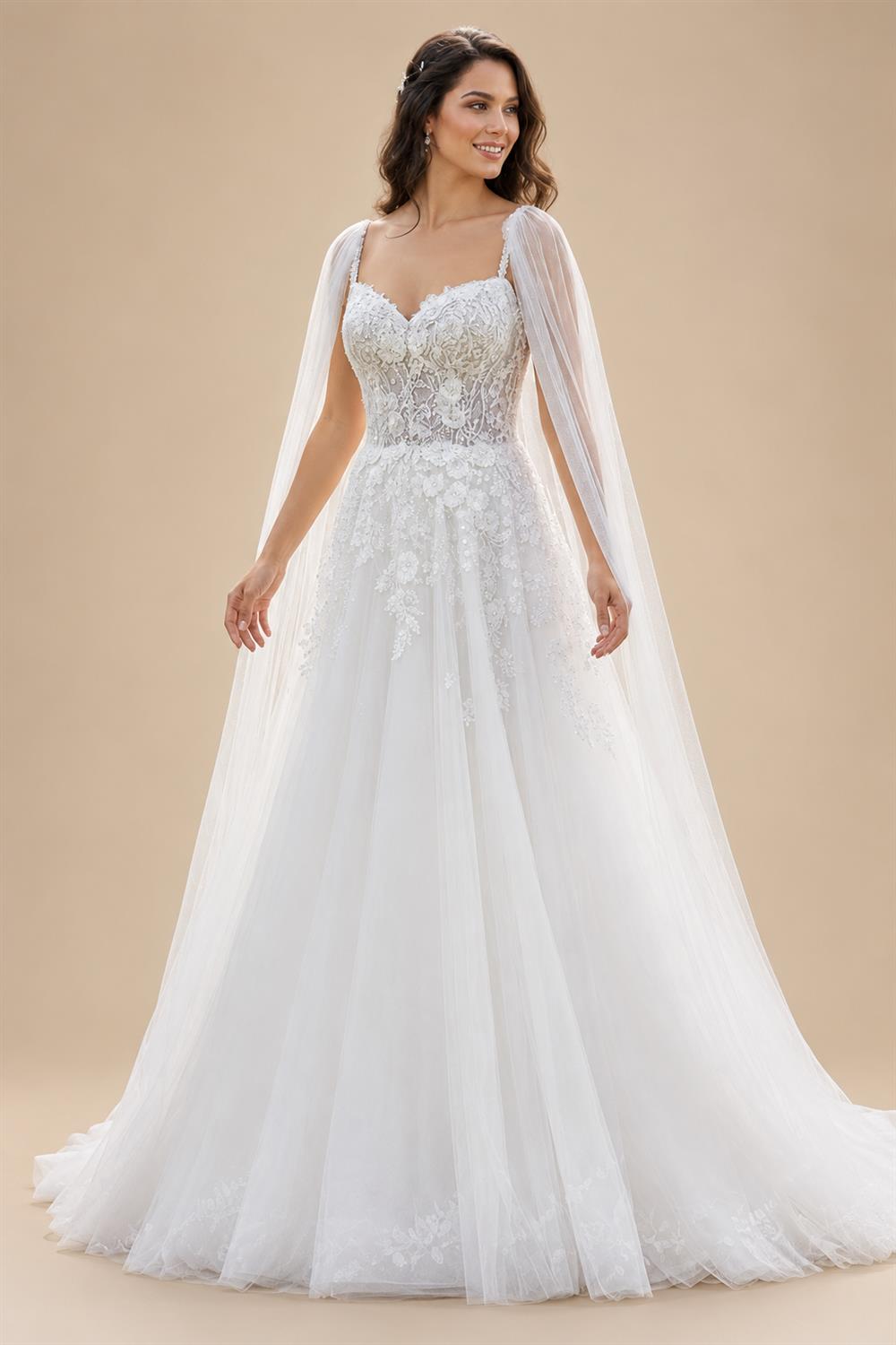 Sexy Wedding Dress with Detachable Cape Spaghetti Straps Applique Sweep Train Woman Bridal Gown for Bride Customized