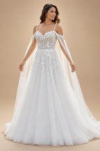 Sexy Wedding Dress with Detachable Cape Spaghetti Straps Applique Sweep Train Woman Bridal Gown for Bride Customized