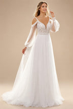Bohemian Wedding Dresses A Line Tulle Lace Appliques V Neck Long Puff Sleeves Backless Vestidos De Novia Customized