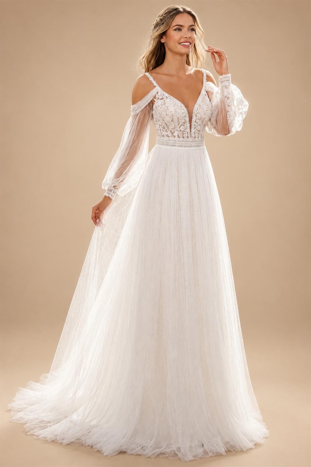 Bohemian Wedding Dresses A Line Tulle Lace Appliques V Neck Long Puff Sleeves Backless Vestidos De Novia Customized