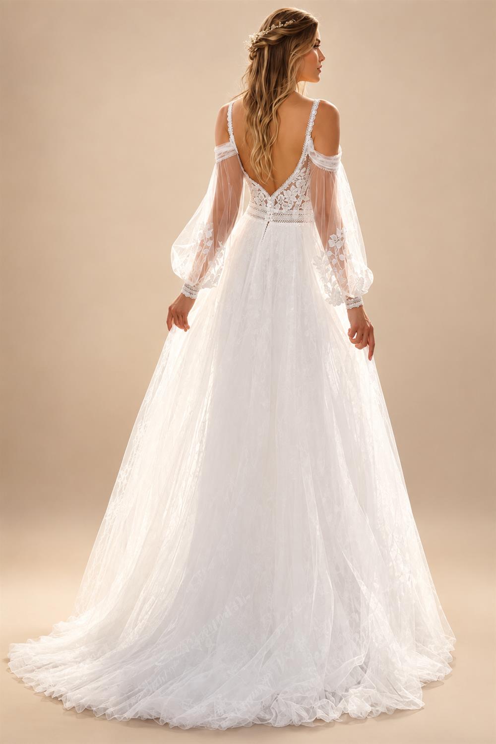 Bohemian Wedding Dresses A Line Tulle Lace Appliques V Neck Long Puff Sleeves Backless Vestidos De Novia Customized