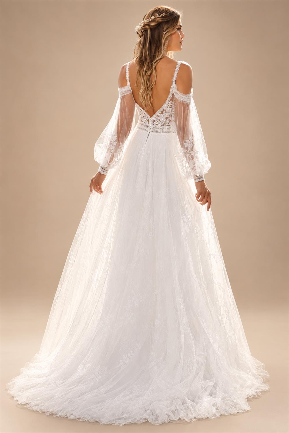 Bohemian Wedding Dresses A Line Tulle Lace Appliques V Neck Long Puff Sleeves Backless Vestidos De Novia Customized