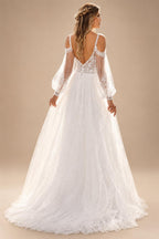 Bohemian Wedding Dresses A Line Tulle Lace Appliques V Neck Long Puff Sleeves Backless Vestidos De Novia Customized