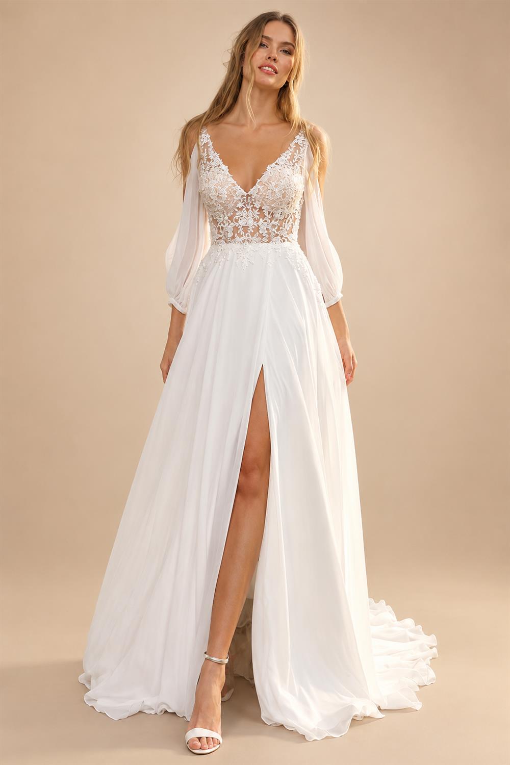 Illusion Beach Wedding Dress Side Split Off Shoulder Long Sleeve Bridal Gown for Women Summer VestidoCustomized