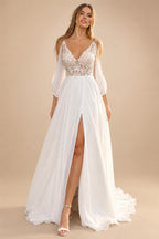 Illusion Beach Wedding Dress Side Split Off Shoulder Long Sleeve Bridal Gown for Women Summer VestidoCustomized