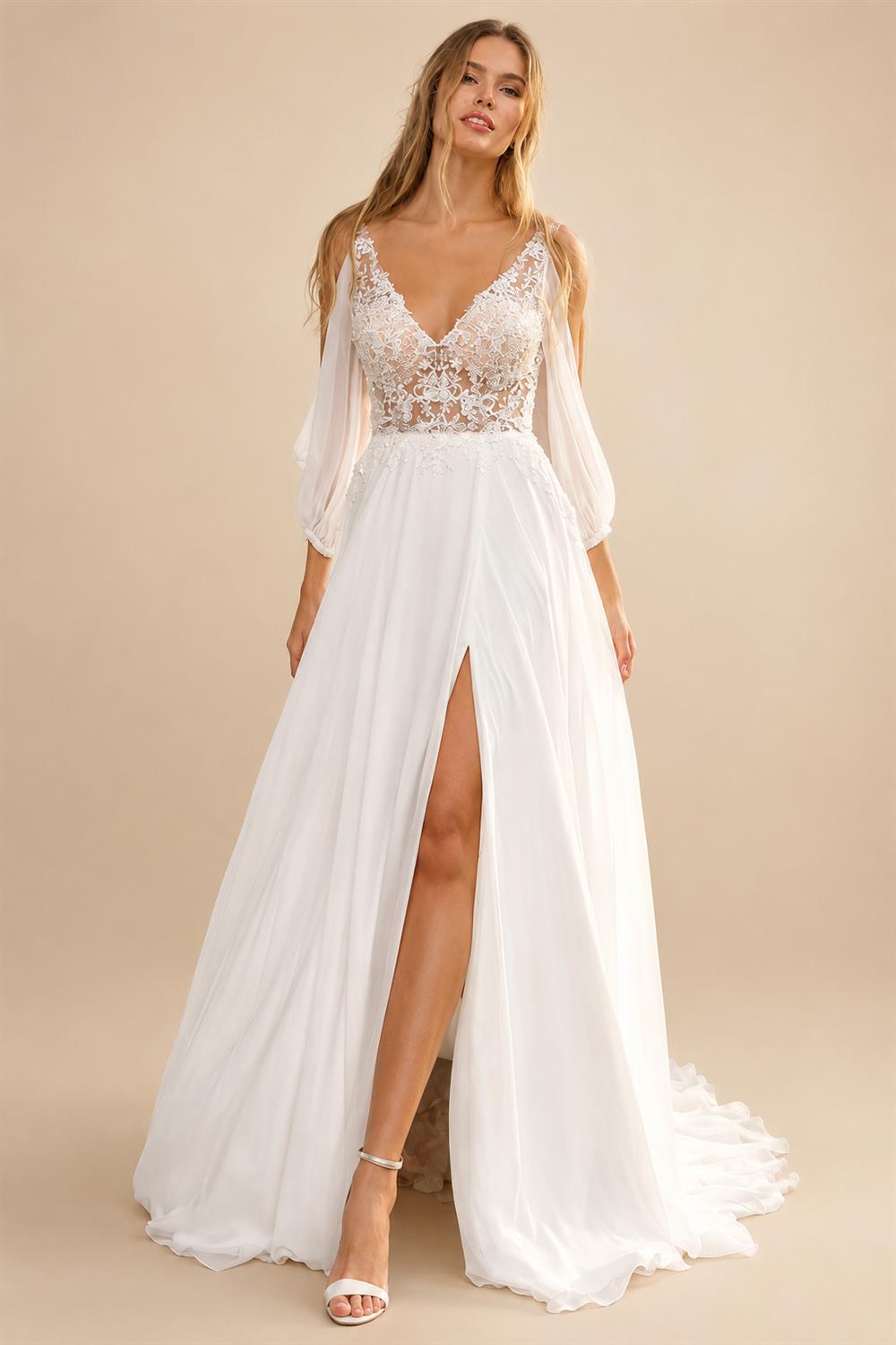 Illusion Beach Wedding Dress Side Split Off Shoulder Long Sleeve Bridal Gown for Women Summer VestidoCustomized