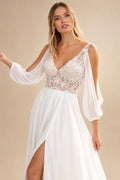 Illusion Beach Wedding Dress Side Split Off Shoulder Long Sleeve Bridal Gown for Women Summer VestidoCustomized