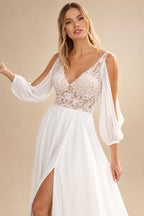 Illusion Beach Wedding Dress Side Split Off Shoulder Long Sleeve Bridal Gown for Women Summer VestidoCustomized