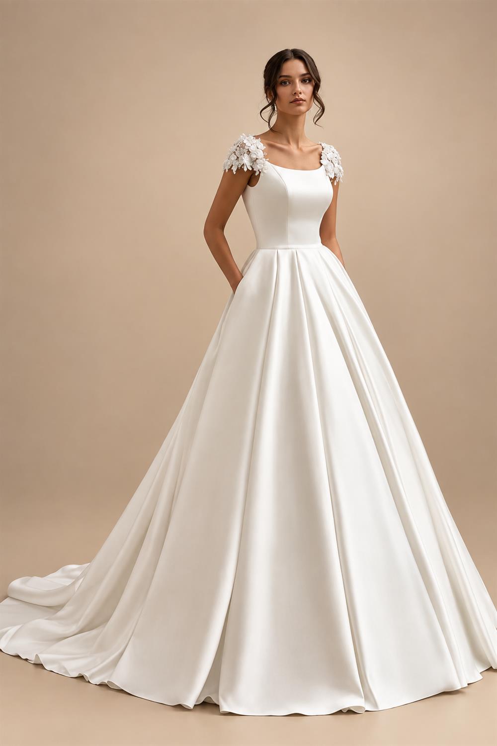 Satin Wedding Dress Bridal Skirt Lady A-Line Trailing Applique Short Sleeves Vestidos Para Mujer Customized