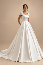 Satin Wedding Dress Bridal Skirt Lady A-Line Trailing Applique Short Sleeves Vestidos Para Mujer Customized