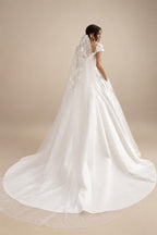 Satin Wedding Dress Bridal Skirt Lady A-Line Trailing Applique Short Sleeves Vestidos Para Mujer Customized