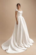 Satin Wedding Dress Bridal Skirt Lady A-Line Trailing Applique Short Sleeves Vestidos Para Mujer Customized