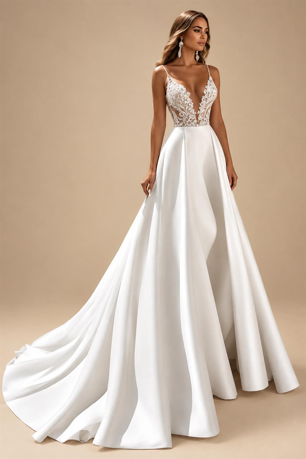 Sexy Boho V-Neck Satin Lace Wedding Dress with Pocket for Women Appliques Straps A-Line Vestidos De Novia Customized