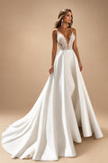 Sexy Boho V-Neck Satin Lace Wedding Dress with Pocket for Women Appliques Straps A-Line Vestidos De Novia Customized
